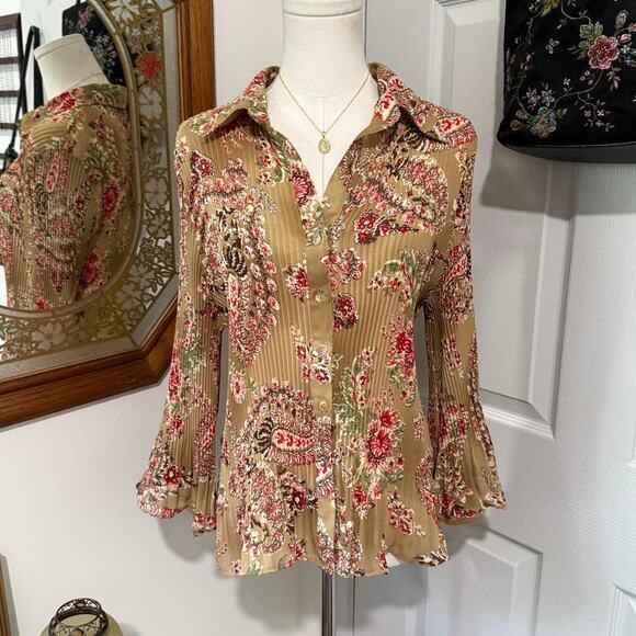 VTG Y2K Serenade NY Light Brown & Red Floral Crinkled Bell Sleeve Collared Top L - Picture 3 of 8